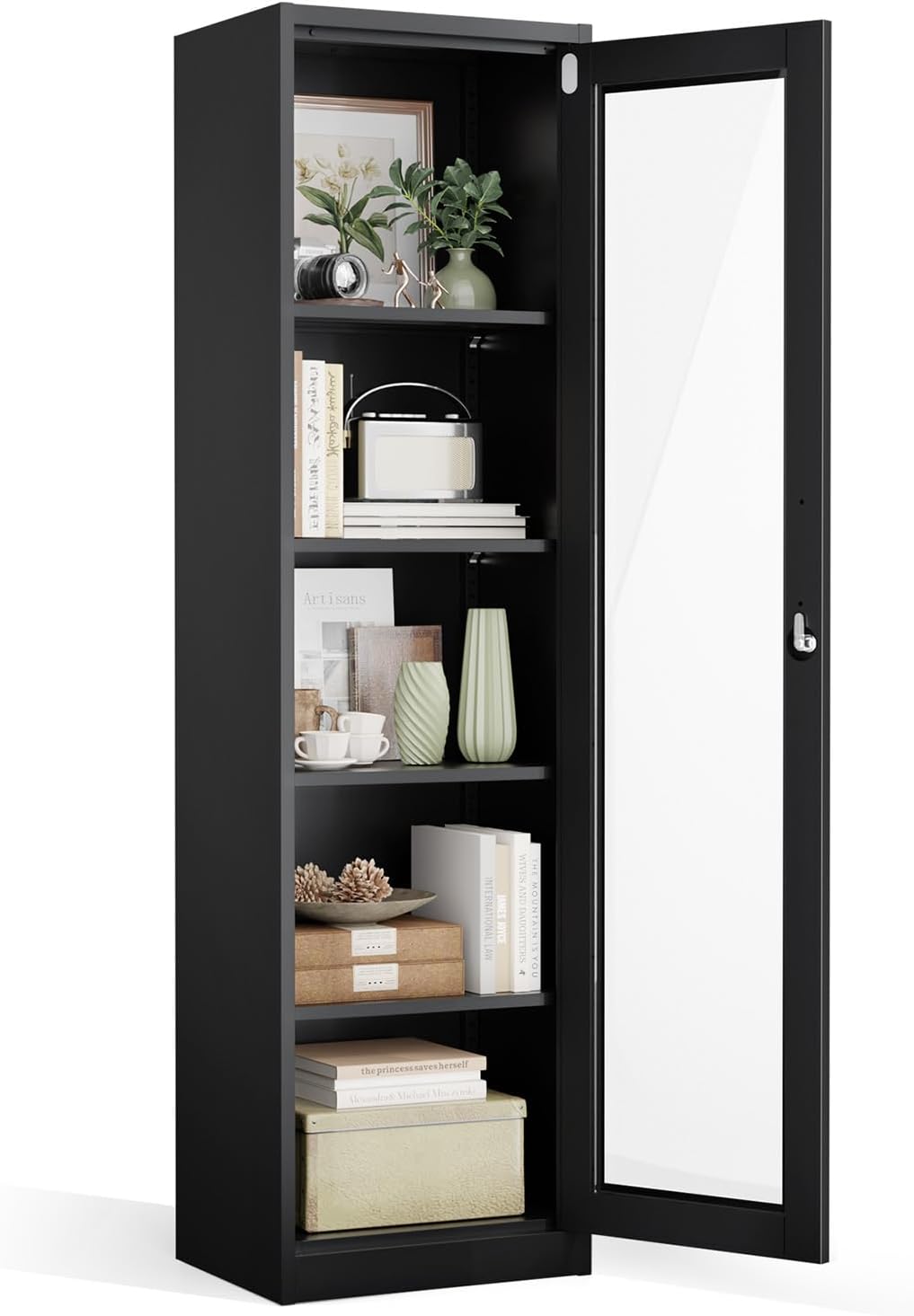 VINGLI Lockable Display Cabinet with Glass Door & 4 Adjustable Shelves, 65' Tall Metal Storage Cabinet Curio Liquor, Bookshelf Bookcase for Home Office Living Room Pantry Garage (Black)