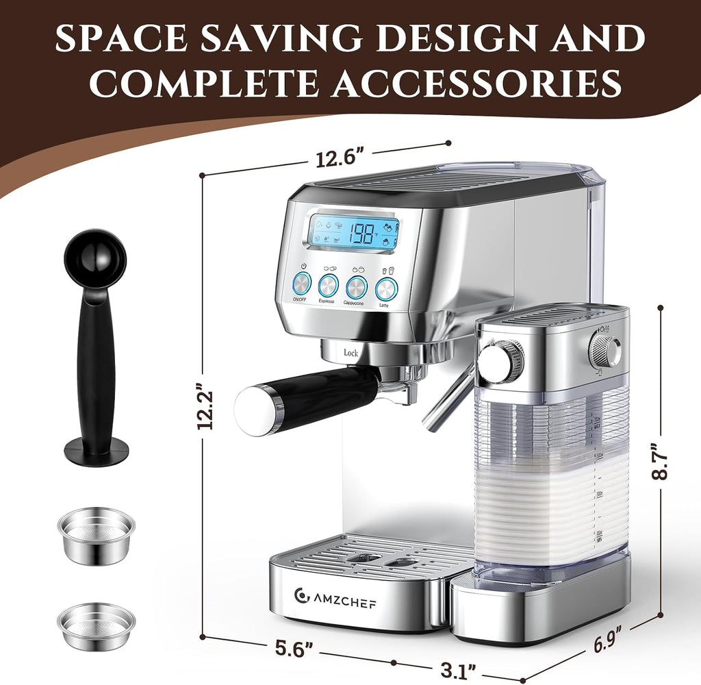 AMZCHEF Espresso Machine with Upgraded Automatic Milk Frother, 20 Bar Cappuccino Machines with LCD Display for Home Gifts, Latte Coffee Maker with Dual Wall & Filters, Sliver