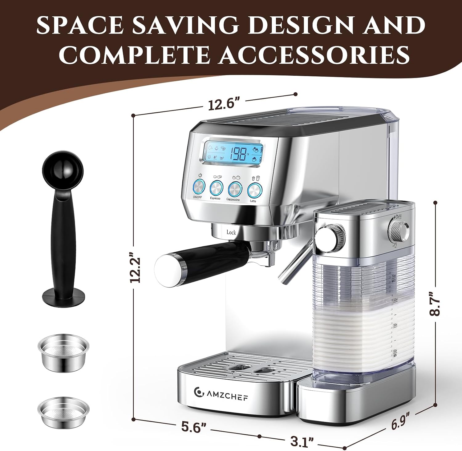 AMZCHEF Espresso Machine with Upgraded Automatic Milk Frother, 20 Bar Cappuccino Machines with LCD Display for Home Gifts, Latte Coffee Maker with Dual Wall & Filters, Sliver