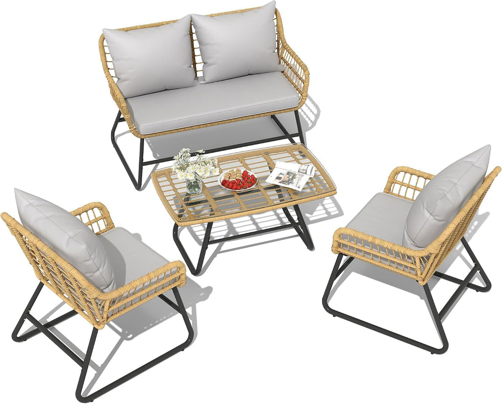 YITAHOME 4 Piece Patio Furniture Set, Outdoor Wicker Furniture Set with Removable Cushion, Rattan Patio Loveseat Set for Garden, Backyard, and Deck,Armchairs, Glass Side Table, Light Gray & Beige