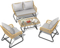 YITAHOME 4 Piece Patio Furniture Set, Outdoor Wicker Furniture Set with Removable Cushion, Rattan Patio Loveseat Set for Garden, Backyard, and Deck,Armchairs, Glass Side Table, Light Gray & Beige