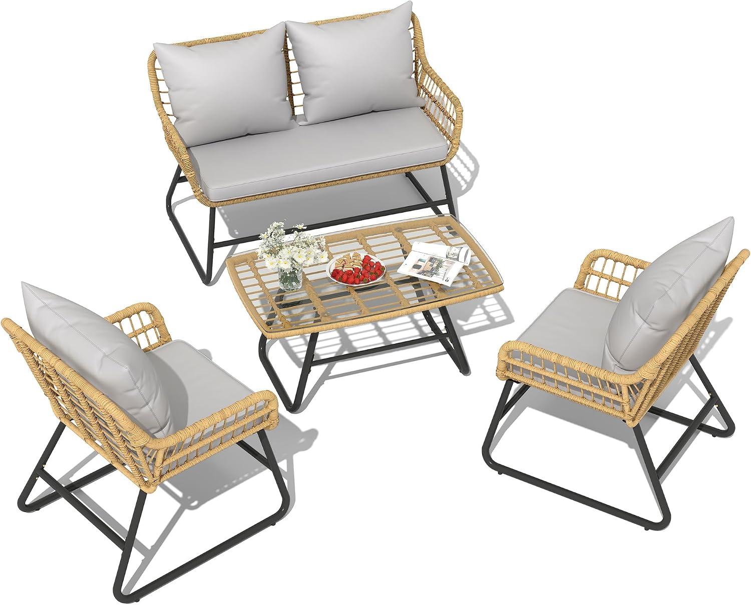 YITAHOME 4 Piece Patio Furniture Set, Outdoor Wicker Furniture Set with Removable Cushion, Rattan Patio Loveseat Set for Garden, Backyard, and Deck,Armchairs, Glass Side Table, Light Gray & Beige