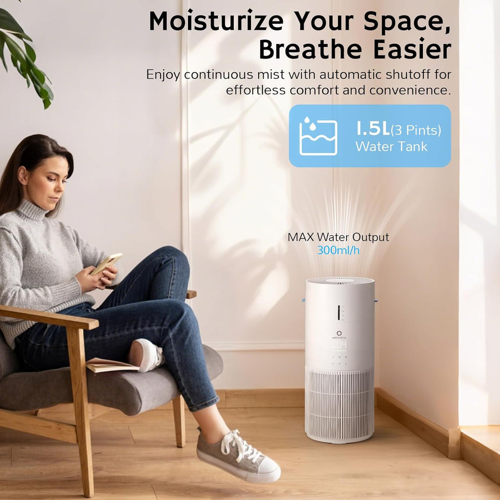 Airthereal 2-in-1 Air Purifier & Humidifier Combo for Large Room up to 1200 ft², 3-Stage Filters, Air Quality Monitor and Quiet Sleep Mode, Evaporative Humidifier with Hygrometer, iF Design Award 2026