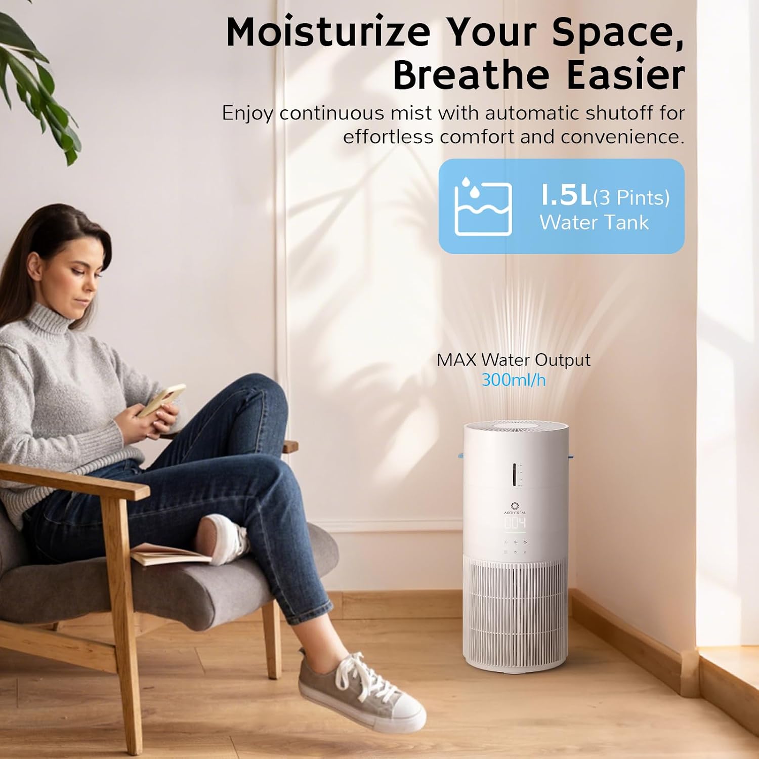 Airthereal 2-in-1 Air Purifier & Humidifier Combo for Large Room up to 1200 ft², 3-Stage Filters, Air Quality Monitor and Quiet Sleep Mode, Evaporative Humidifier with Hygrometer, iF Design Award 2026
