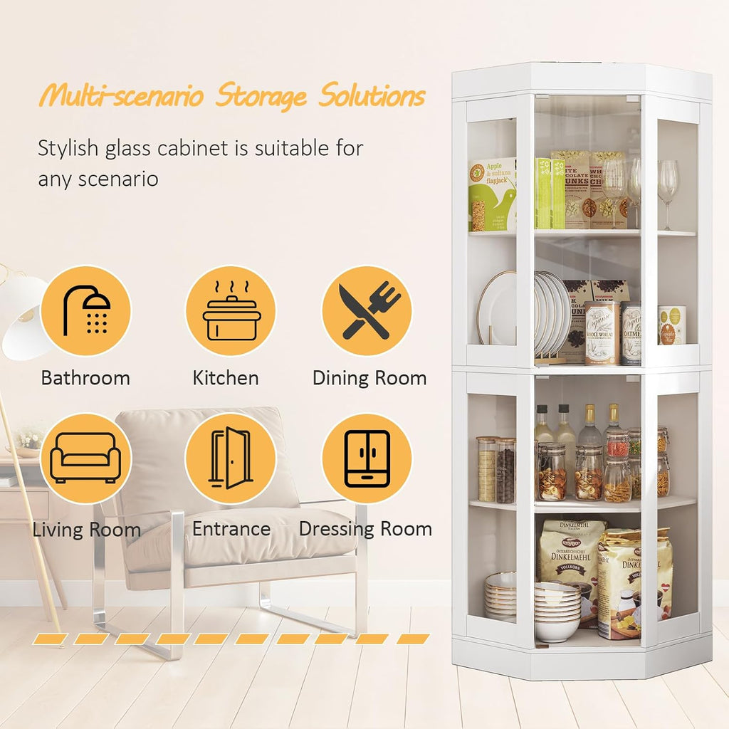 70''H Tall Corner Cabinet with Glass Doors,Farmhouse Storage Cabinet with 4 Shelves & Top Guard Rail,Home Pantry Hutch for Bar,Kitchen, Dining Living Room, Bathroom, White