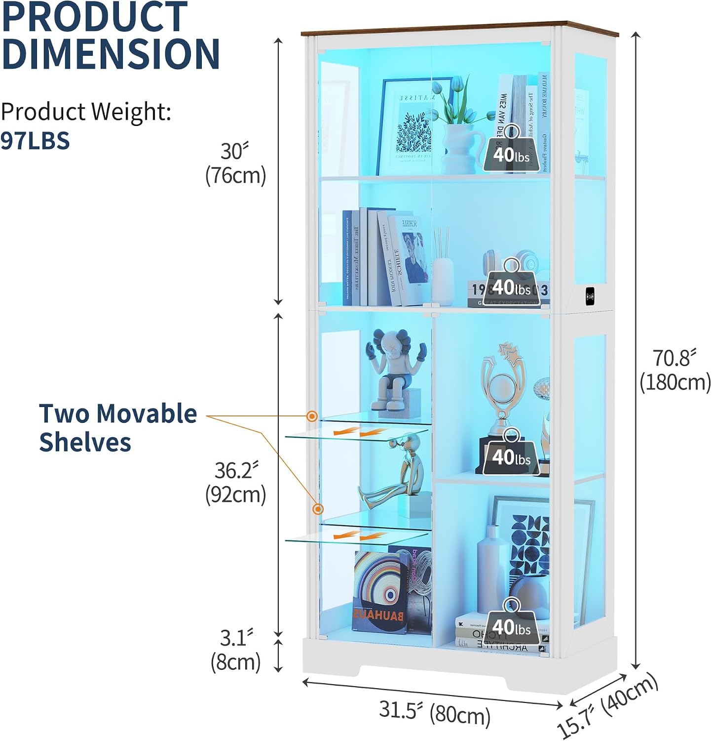 HNEBC 71'' Display Cabinet with 5-Tier and 3 Color Lights for Books Toys Liquor,Curio Cabinet with Human Body Bookcases for Bedroom, Living Room,White