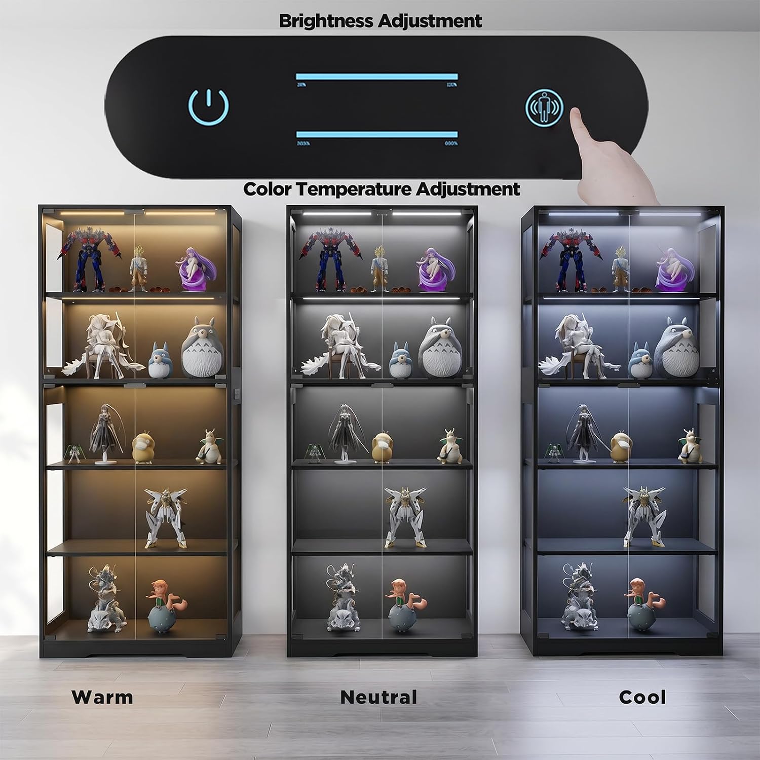 Glass Display Cabinet, 5-Tier Curio Cabinet with Glass Doors, Dimming LED Lights & Motion Sensor, for Collectible Figures, Living Room, Bedroom, or Office (Wooden Frame Black)