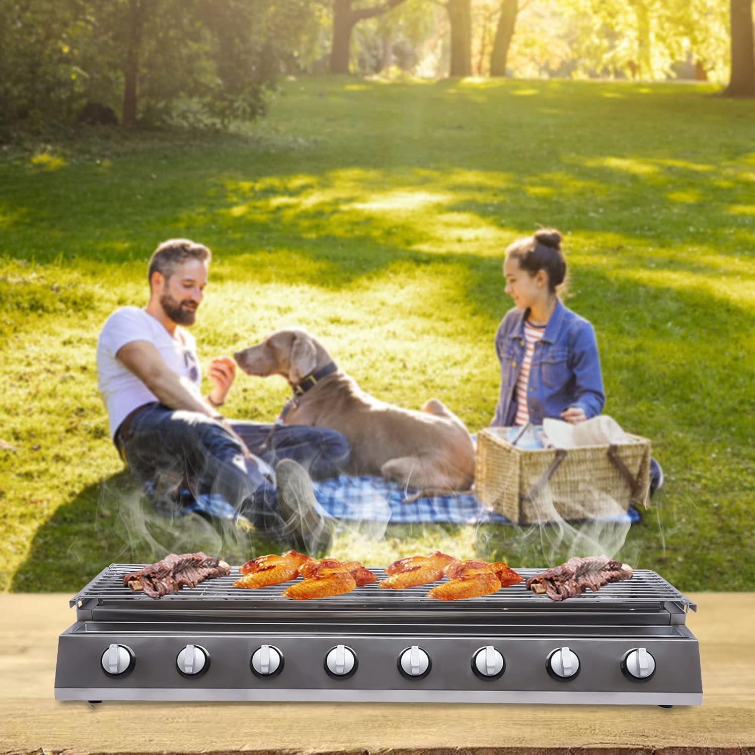 8 Burners BBQ Gas Grill, Commercial Gas Grill Griddle, Gas Indoor/Outdoor Grill BBQ Grill with Temperature Control, Flat Hotplate Smokeless Grill
