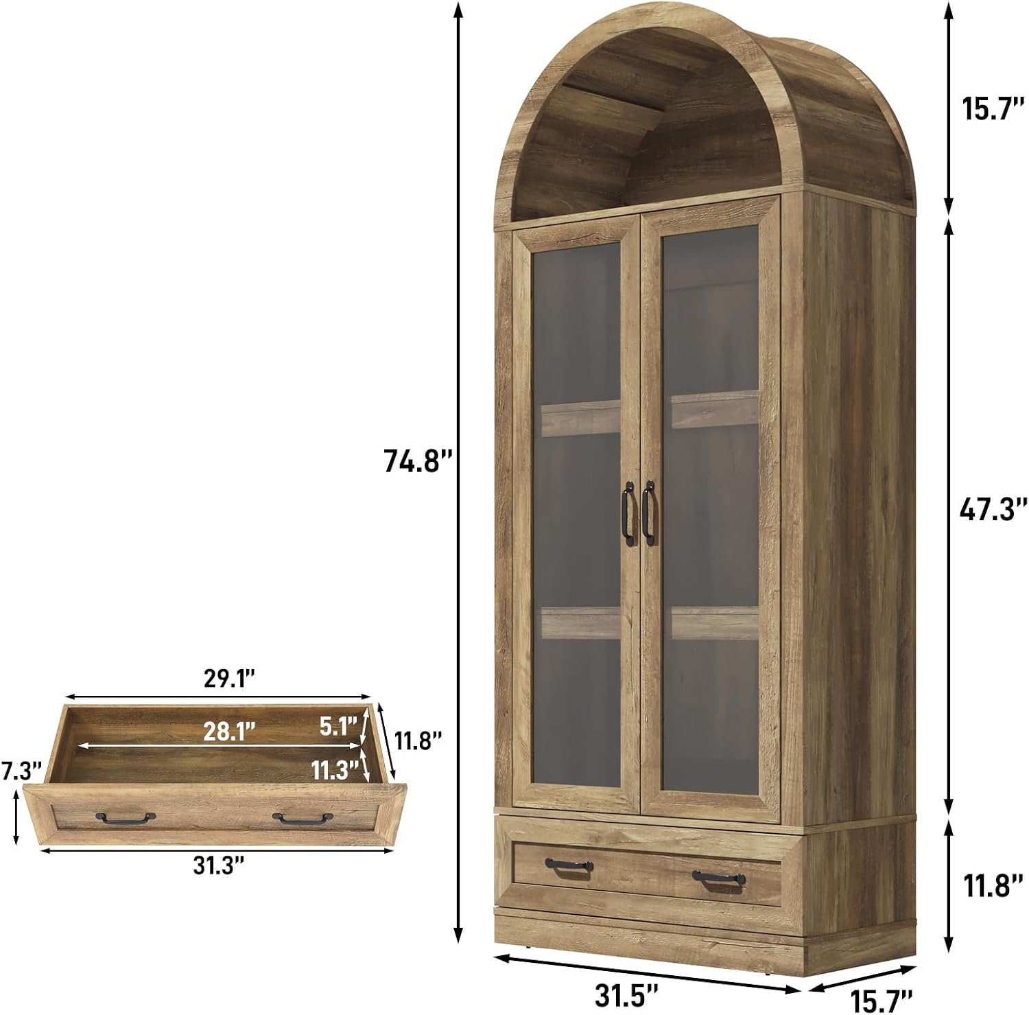 75' Tall Arched Kitchen Pantry Cabinet w Load-Bearing Steel Pipe,Modern Farmhouse Kitchens Storage Cabinet with Drawer and Glass Doors,Tall Arched Bookcase,Pantry Organizer for Living Room(Natural)