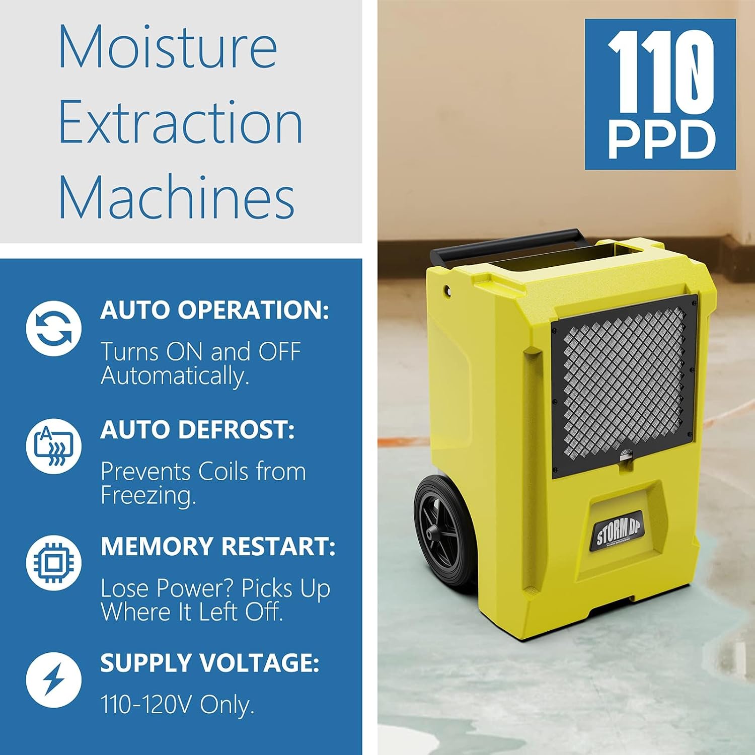 ALORAIR 110 Pint Dehumidifier Commercial Grade - Built-in Pump, Includes Drain Hose, Ideal for Large Basements, Industrial or Commercial Spaces and Job Sites, 5 Years Warranty, Yellow