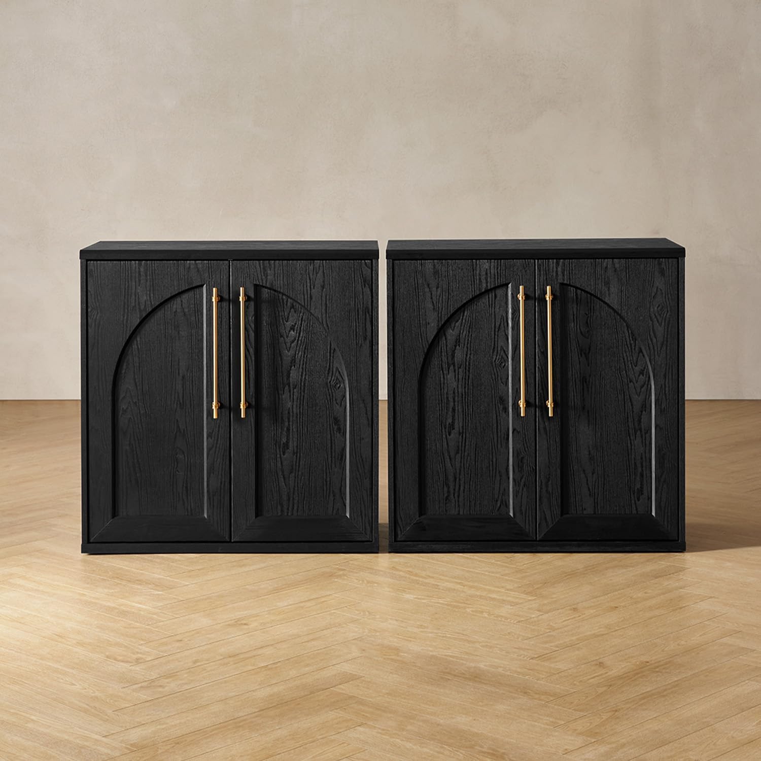 mopio Blake Storage Cabinet, Small Modular Accent Display Sideboard Buffet Cabinet with Storage, Media Console Credenza, for Kitchen, Coffee Bar, Pantry, Living Room (Black Oak Arched, Set of 2)