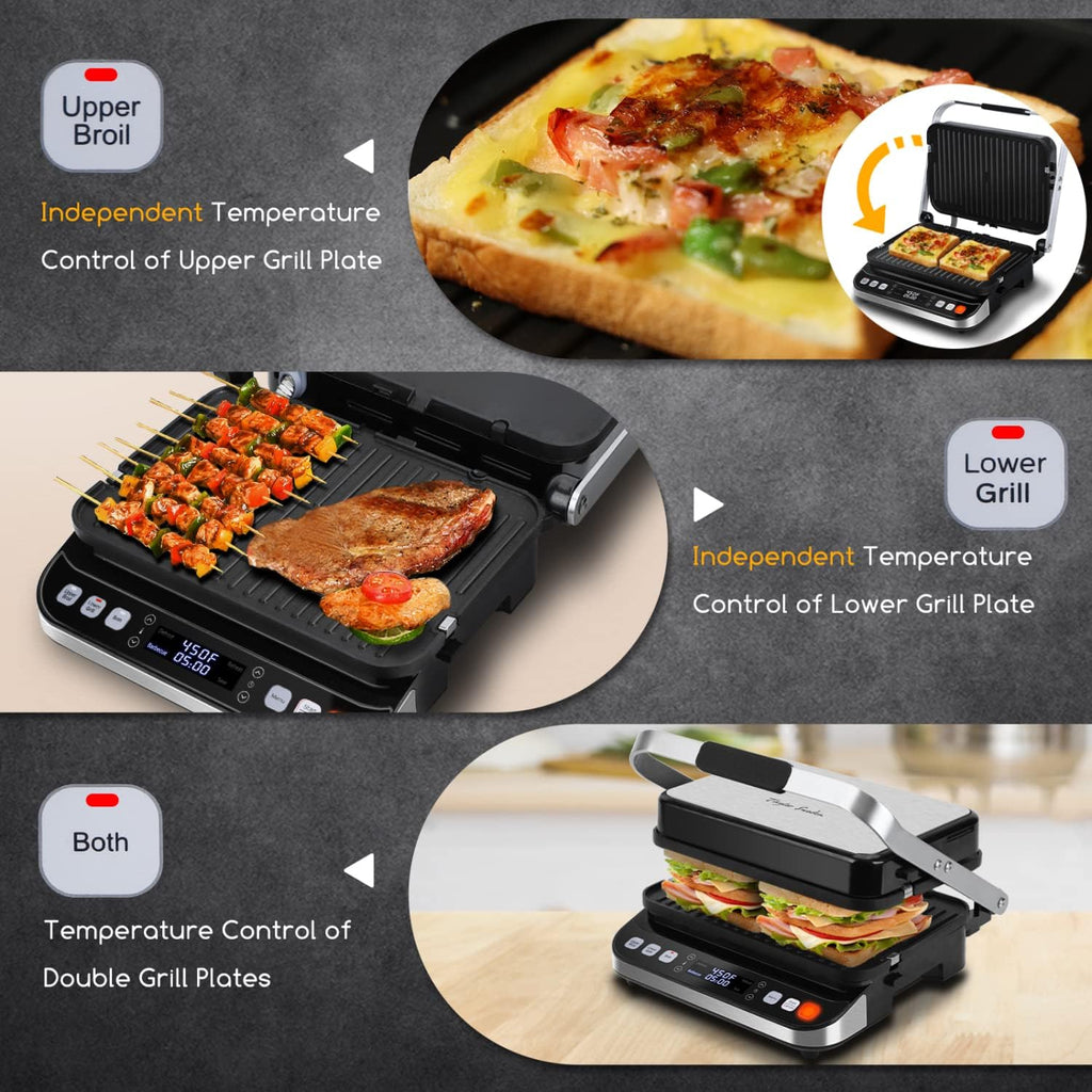 Taylor Swoden Panini Press Waffle Maker, 1600W Electric Indoor Grill with Non-Stick Double Sided Plates, LED Touch Screen, Independent Temperature Control, Opens 180 Degrees, Stainless Steel