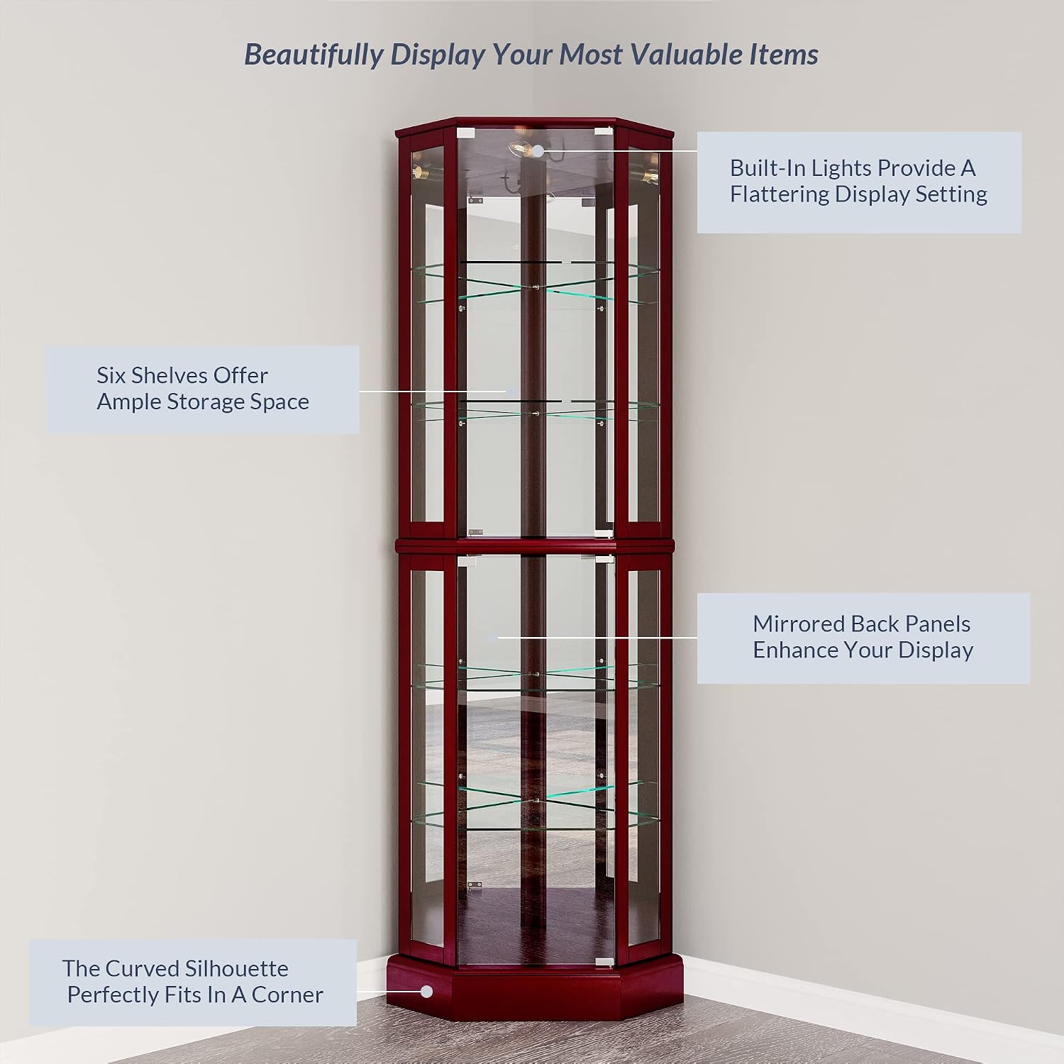 BELLEZE Lighted Corner Display Curio Cabinet Wooden Curved Shelving Unit with Tempered Glass Door, Bar and Liquor Storage Area with 6 Shelves - Ashfield (Cherry)