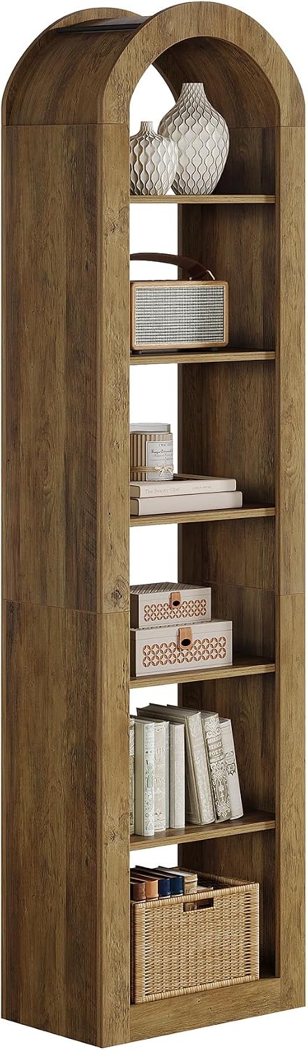 Tribesigns 74.8' Tall Arched Bookshelf, 6-Tier Narrow Open Bookcase, Floor Standing Corner Display Shelves Storage Organizer for Small Space, Home Office, Living Room (Rustic Brown, 1 PC)