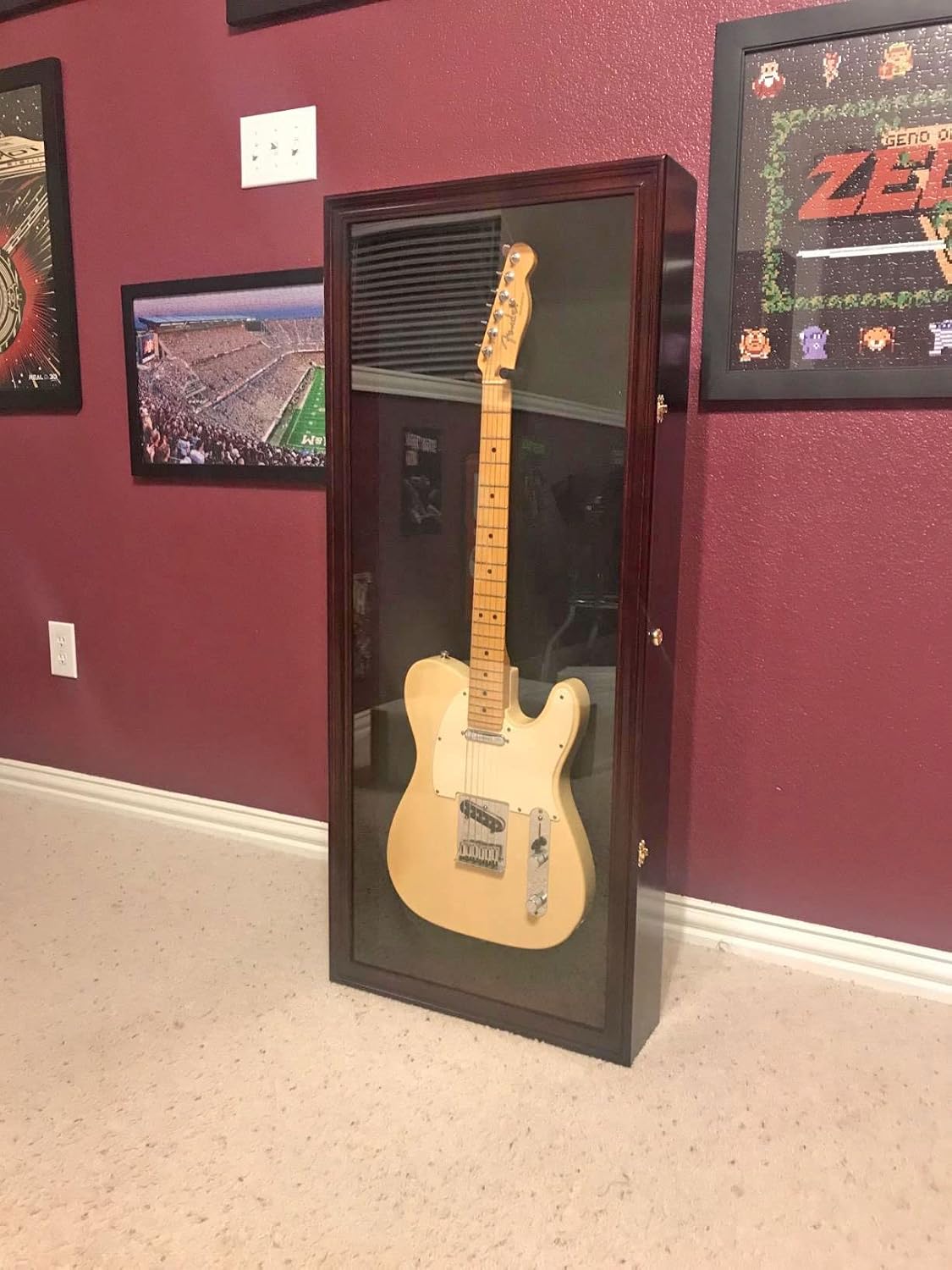 DisplayGifts 42' Electric Guitar Display Case Cabinet Shadow Box with Guitar Hanger Stand, Lockable UV Protection Black Felt Interior with Mahogany Finish Frame