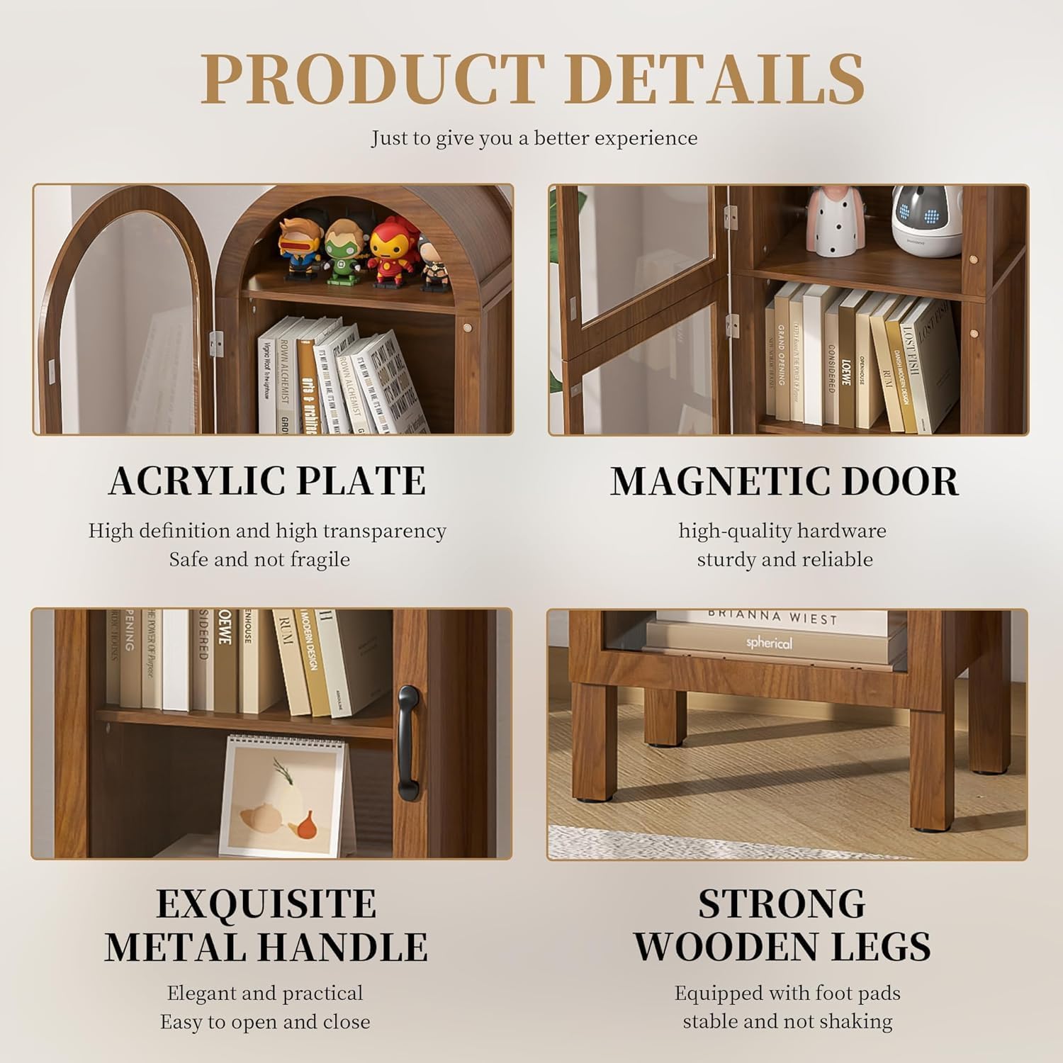 Lxsxlome 64.17 in Tall Arched Display Cabinet with Acrylic Glass Doors 5-Tier Kitchen Pantry Storage Cabinets Modern Wood Curio Cabinet Bookcase for Living Dining Room (Walnut, 16.92''W)