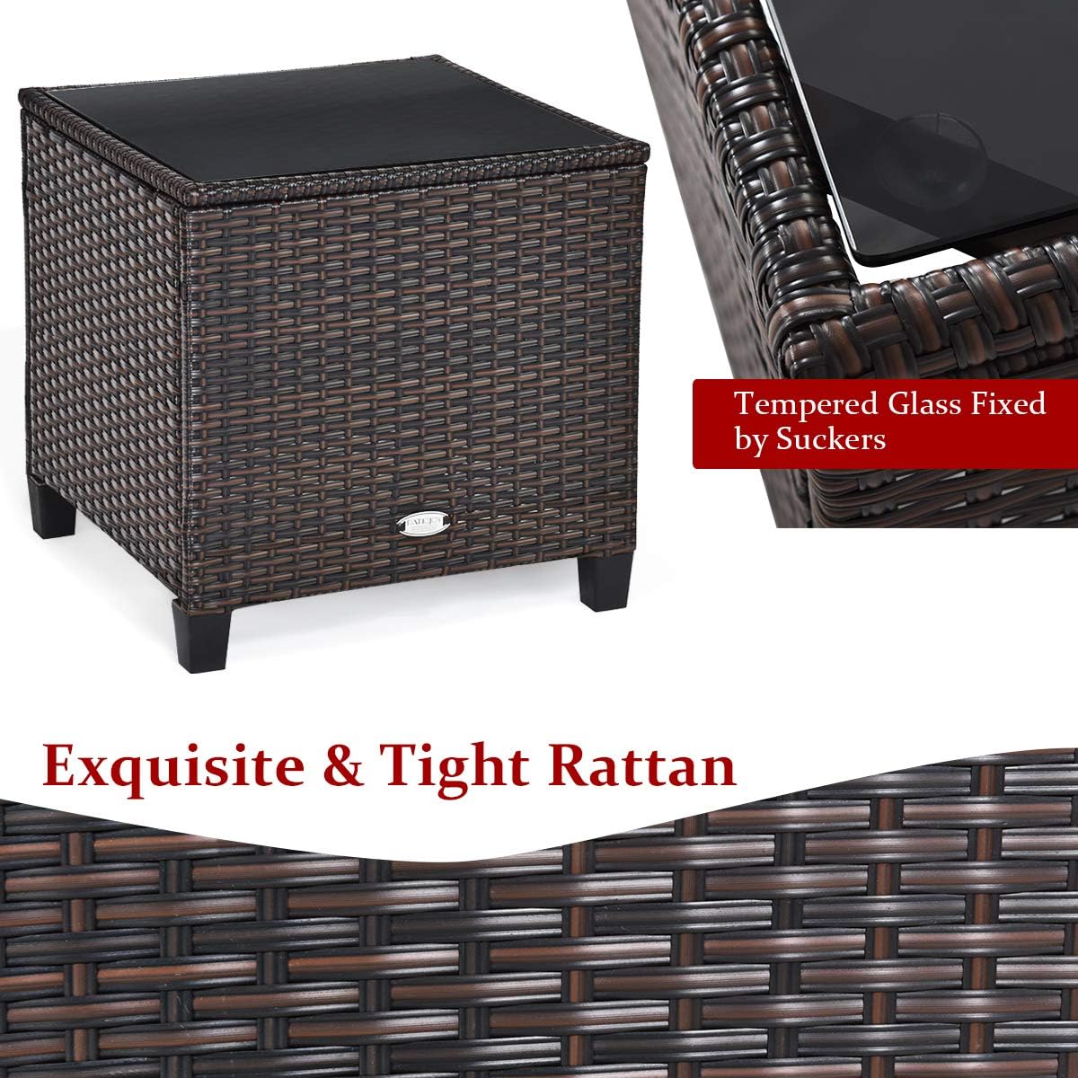 Tangkula 3 Pieces Patio Furniture Set, PE Rattan Wicker 3 Pcs Outdoor Sofa Set w/Washable Cushion and Tempered Glass Tabletop, Conversation Furniture for Garden Poolside Balcony (Red)