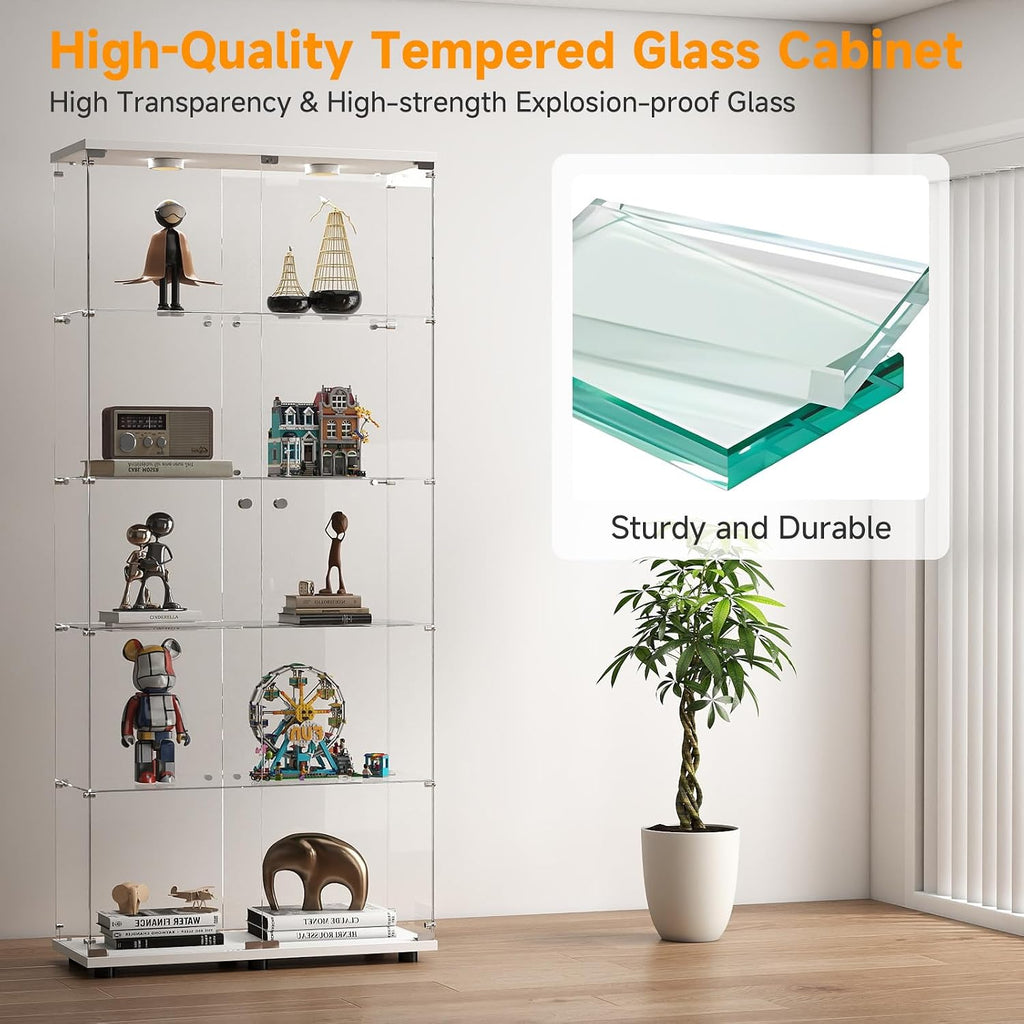 Zevemomo 5-Tier Tempered Glass Display Cabinet with Lights, Curio Cabinet with Glass Doors and Lock, Glass Display Case for Collectibles, for Living Room Bedroom Office, Double Door, White