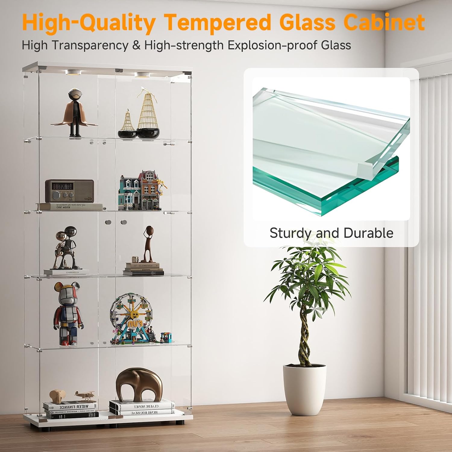 Zevemomo 5-Tier Tempered Glass Display Cabinet with Lights, Curio Cabinet with Glass Doors and Lock, Glass Display Case for Collectibles, for Living Room Bedroom Office, Double Door, White