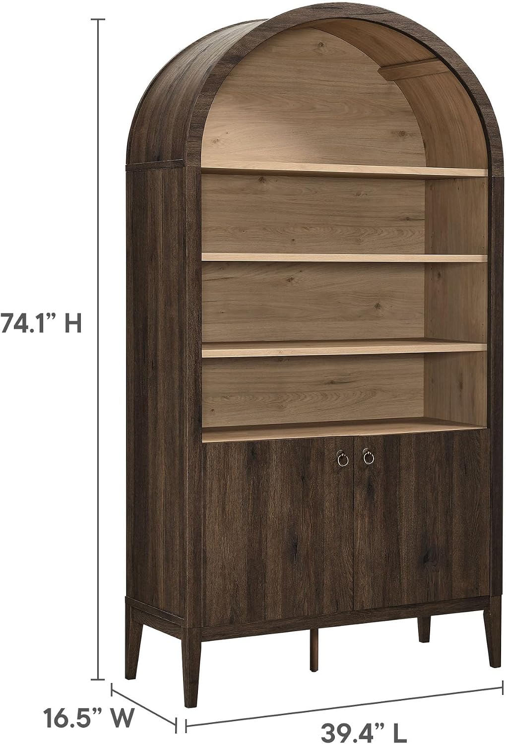 Modway Nolan Tall Arched Storage Display Cabinet in Dark Walnut - 74 Inch Arch Bookshelf with Open and Closed Shelving - Modern Accent Cabinet for Living Room, Dining Room