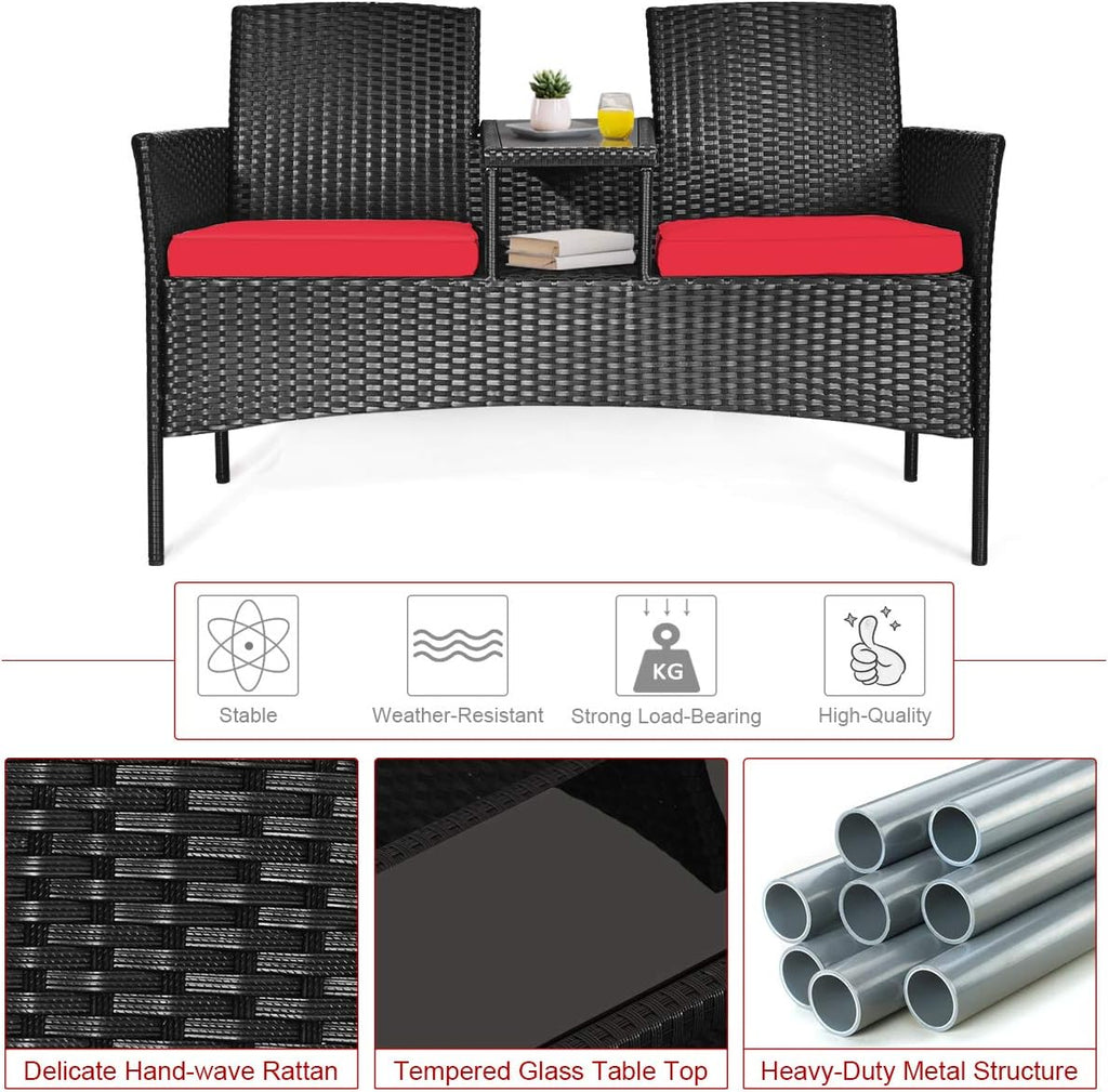 Tangkula Wicker Patio Conversation Furniture Set, Outdoor Furniture Set with Removable Cushions & Table, Tempered Glass Top, Modern Rattan Bench for Garden Lawn Backyard