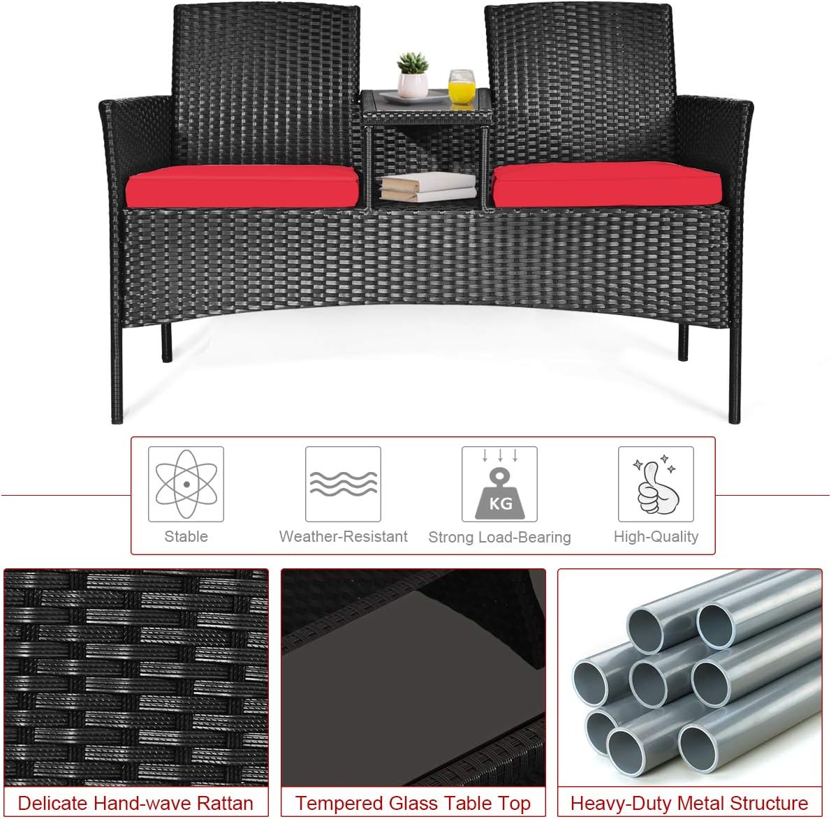 Tangkula Wicker Patio Conversation Furniture Set, Outdoor Furniture Set with Removable Cushions & Table, Tempered Glass Top, Modern Rattan Bench for Garden Lawn Backyard