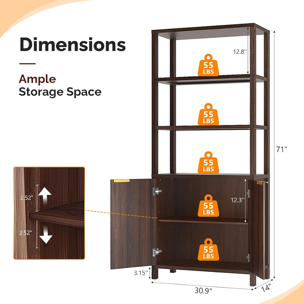 VINGLI Bookcase with Fluted Doors, 71' Wood Storage Cabinet with Adjustable Shelves, 6-Tier Display Cabinet Bookshelf for Study, Living Room, Home Office, Kitchen Pantry, Walnut