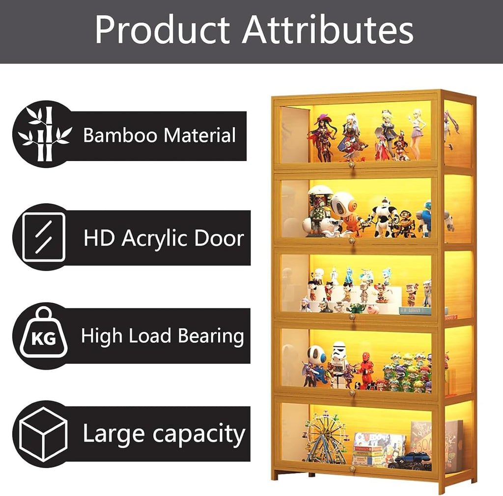 Display Cabinet with Acrylic Glass Doors, 5-Tier Curio Cabinet, Collectibles Toy Organizers Rack & Display Shelf, High Display Case for Home, Office, Playroom, Living Room (Wooden flep Door)
