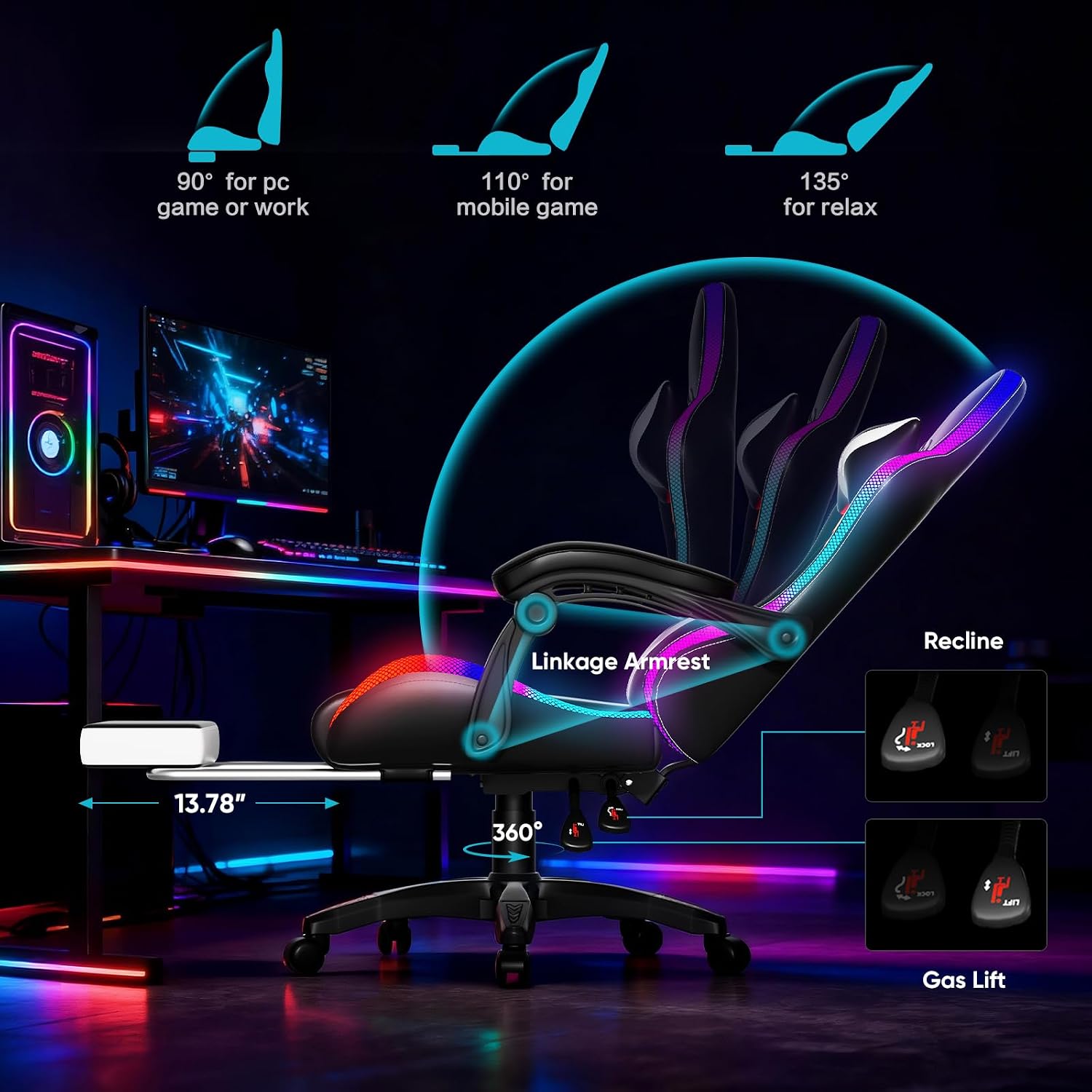 Czlolo Gaming Chair, Racing Style RGB LED Lights Gaming Chairs for Adults and Kids, Lumbar Massager Gamer Chair, High Back Reclining Computer Chair with Footrest and Headrest (Black/White)