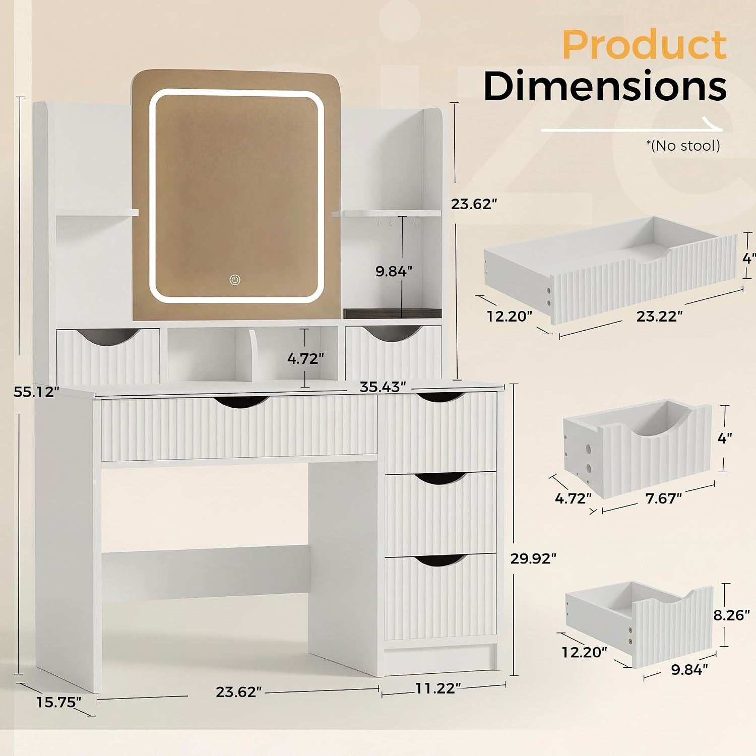 Vanity Desk with Mirror and Lights, Makeup Vanity Table with Large 6 Drawers Modern Fluted Wooden Dressing Table with Jewelry Hook 3 Color Modes Adjustable LED Mirror for Women Girls Bedroom or Dorm