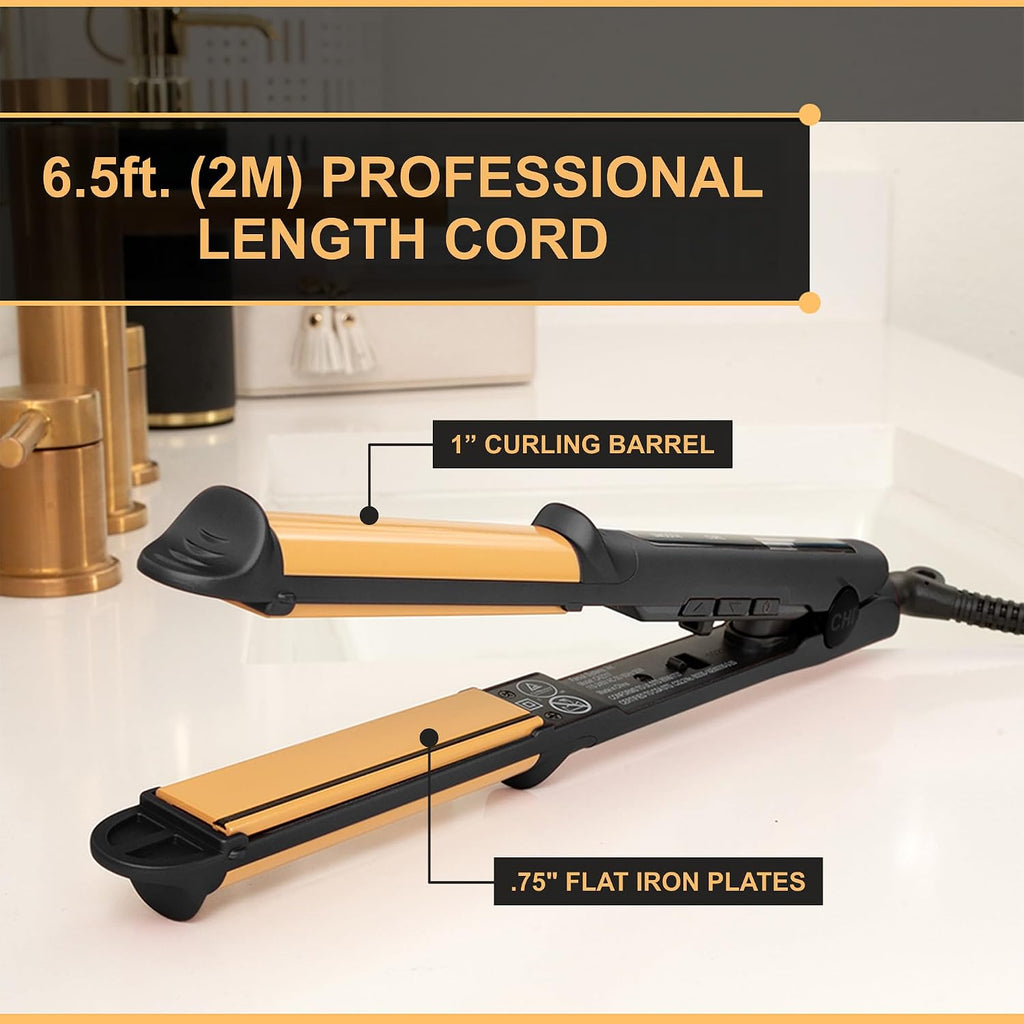 CHI Tourmaline Ceramic 3-in-1 Multi Styler, Curl & Wave Styling Iron For Shiny, Frizz-Free Hair, Auto Shut-Off, 0.75' Plates, 1' Barrel, Onyx Black