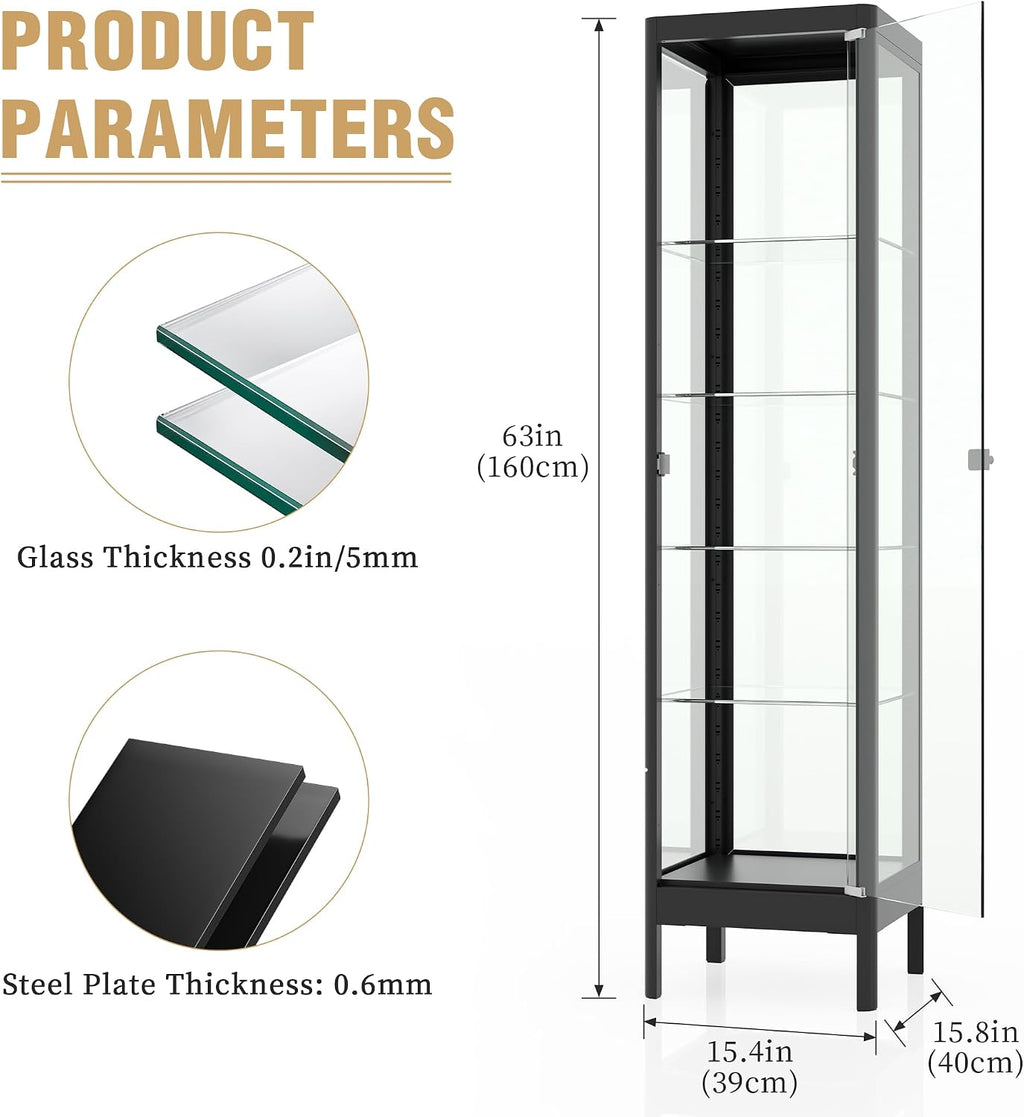 5-Tier Glass Display Cabinet with 13 Color LED Lights & Lock, 63' Curio Cabinet with Glass Doors & Adjustable Shelves, Lighted Display Case for Collectibles Figures Trophy - Black