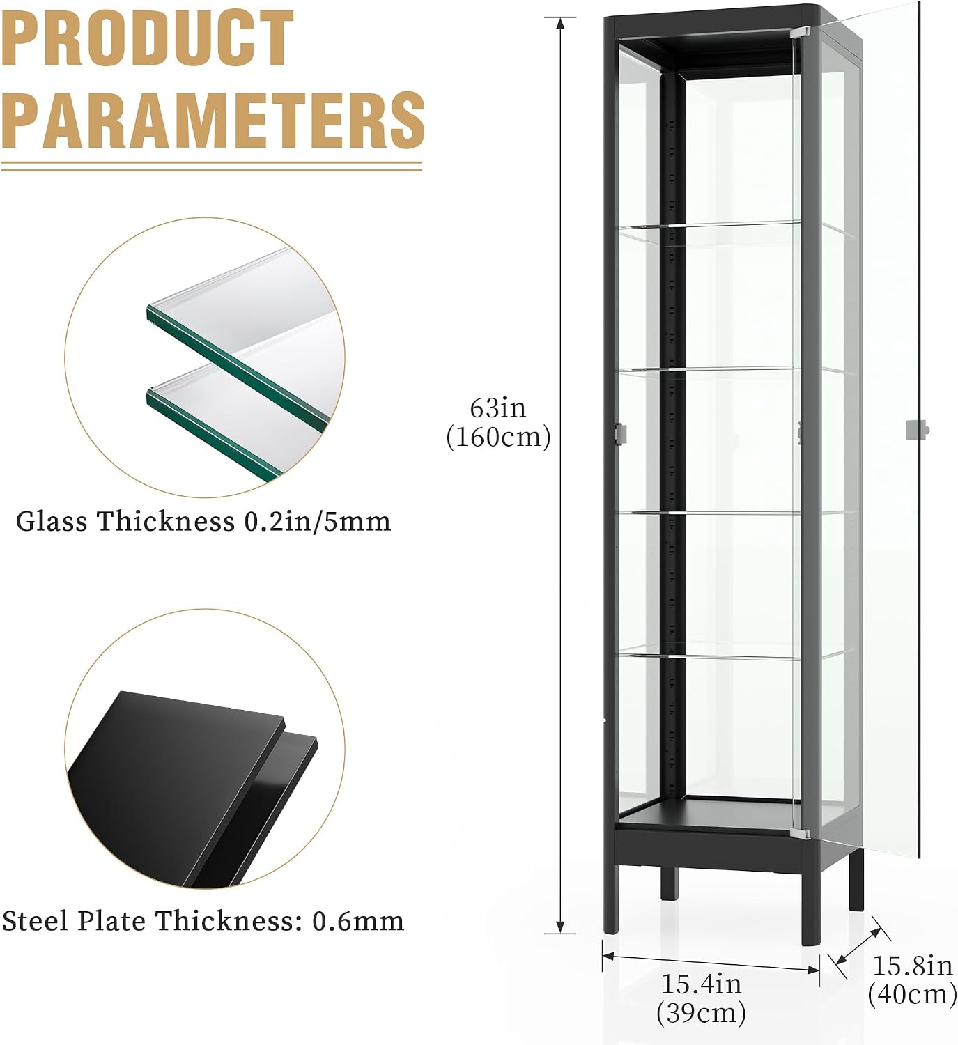 5-Tier Glass Display Cabinet with 13 Color LED Lights & Lock, 63' Curio Cabinet with Glass Doors & Adjustable Shelves, Lighted Display Case for Collectibles Figures Trophy - Black