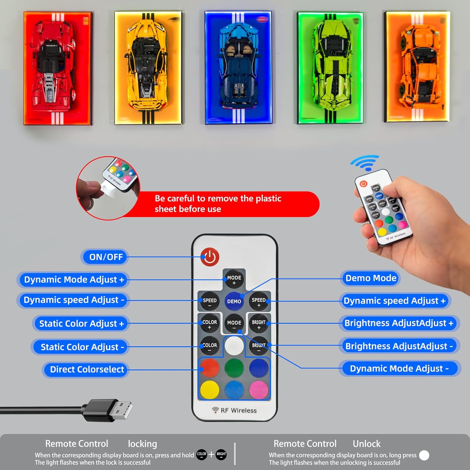 Display Wallboard with RGB LED Lights Compatible with Lego Technic Ferrari Daytona SP3 42143 Race Car Model Building Kit - Adult Collectibles Wall Mount for Home or Office Décor (No Car)
