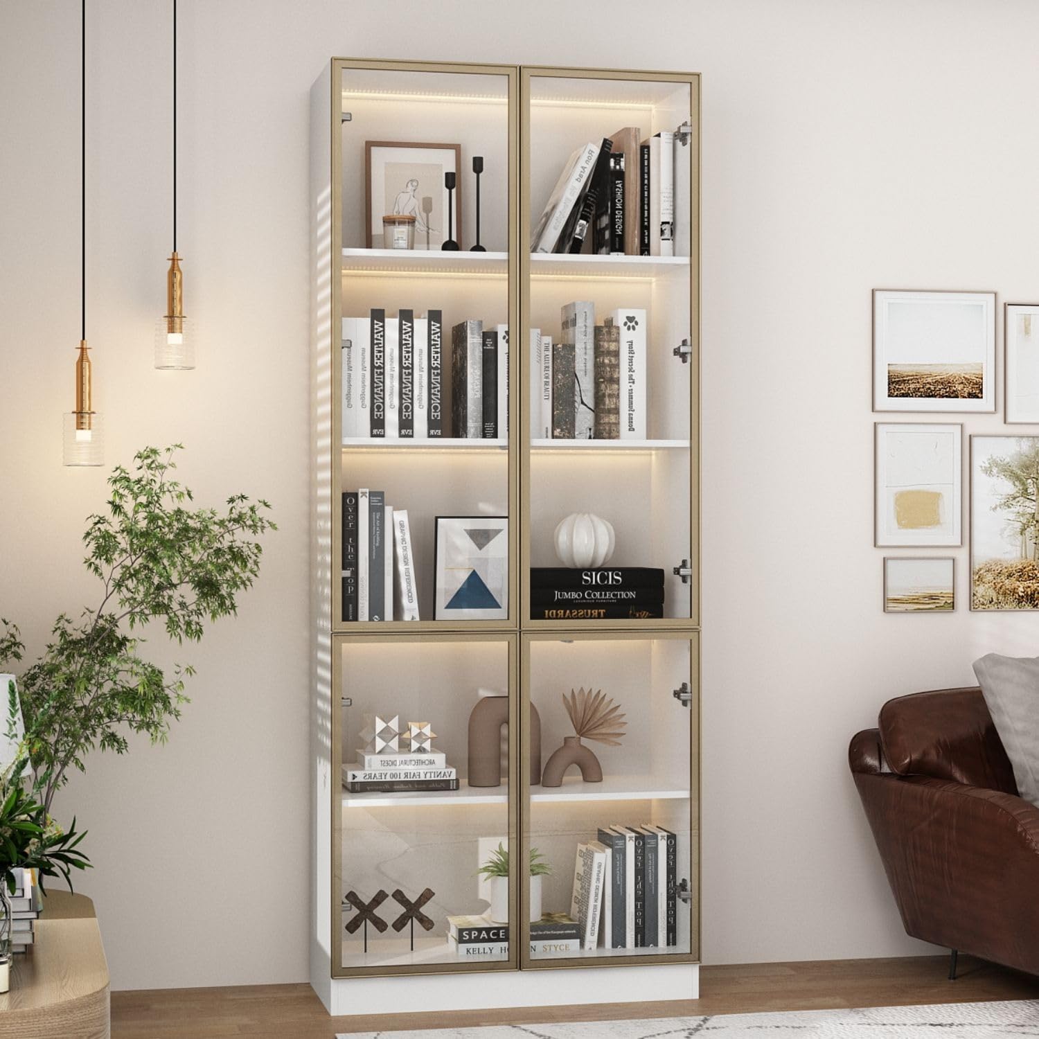 Display Cabinet with 4 Glass Doors and Lights, 5-Tier Shelves & Pop-up Design, Display Cabinet for Collectibles, Display Case White and Champagne Gold (31.5'W x 14.2'D x 78.7'H)