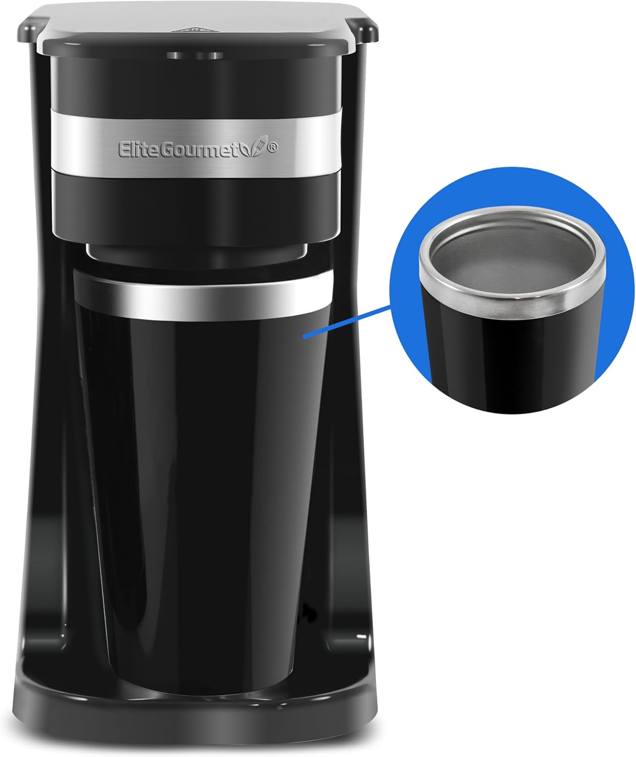 Elite Gourmet EHC111A Personal Single-Serve Compact Coffee Maker Brewer Includes 14Oz. Stainless Steel Interior Thermal Travel Mug,Compatible with Coffee Grounds,Reusable Filter,Black,(Pack of 6)