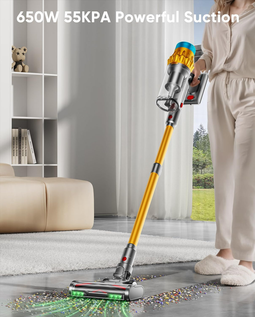 Cordless Vacuum Cleaner, 650W/55KPA, Max 70 Mins Runtime, Self-Standing Vacuum Cleaners for Home, Anti-Tangle Stick Vacuum, Smart Display Vacuum Cordless with 1.8L Cup for Pet Hair/Carpet (Gold)