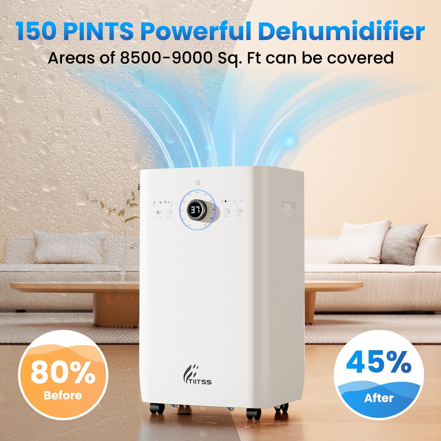 8500 Sq. Ft Dehumidifier for Basement, Large Rooms - 150 Pints Dehumidifier with Drain Hose, Built-in Pump, Dust Removal, Auto Defrost, Intelligent Humidity Control, 3 Smart Modes