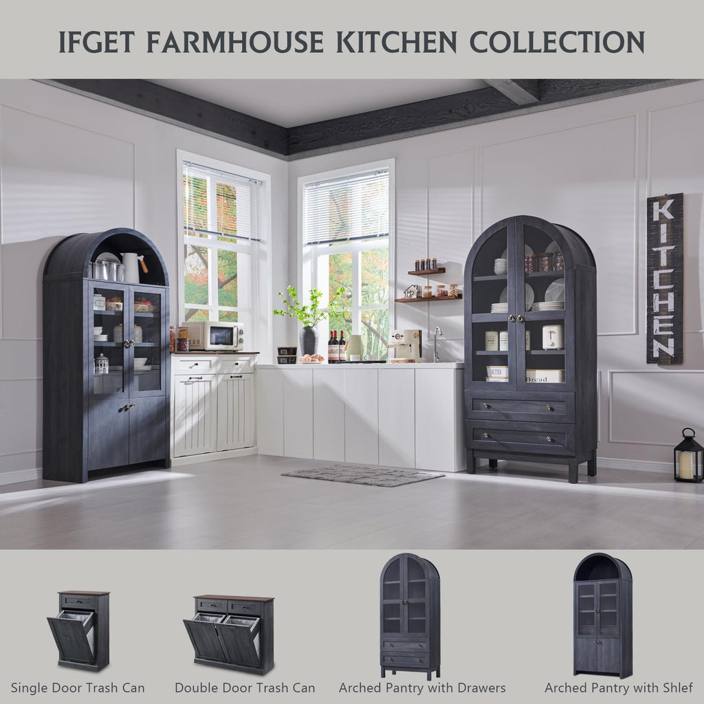 IFGET 71' Tall Arched Kitchen Pantry Cabinet, Wood Kitchens Storage Cabinets with 2 Large Drawers and Adjustable Shelves, Modern Farmhouse Versatile Cupboard for Kitchen, Dining Room, Bathroom, Grey