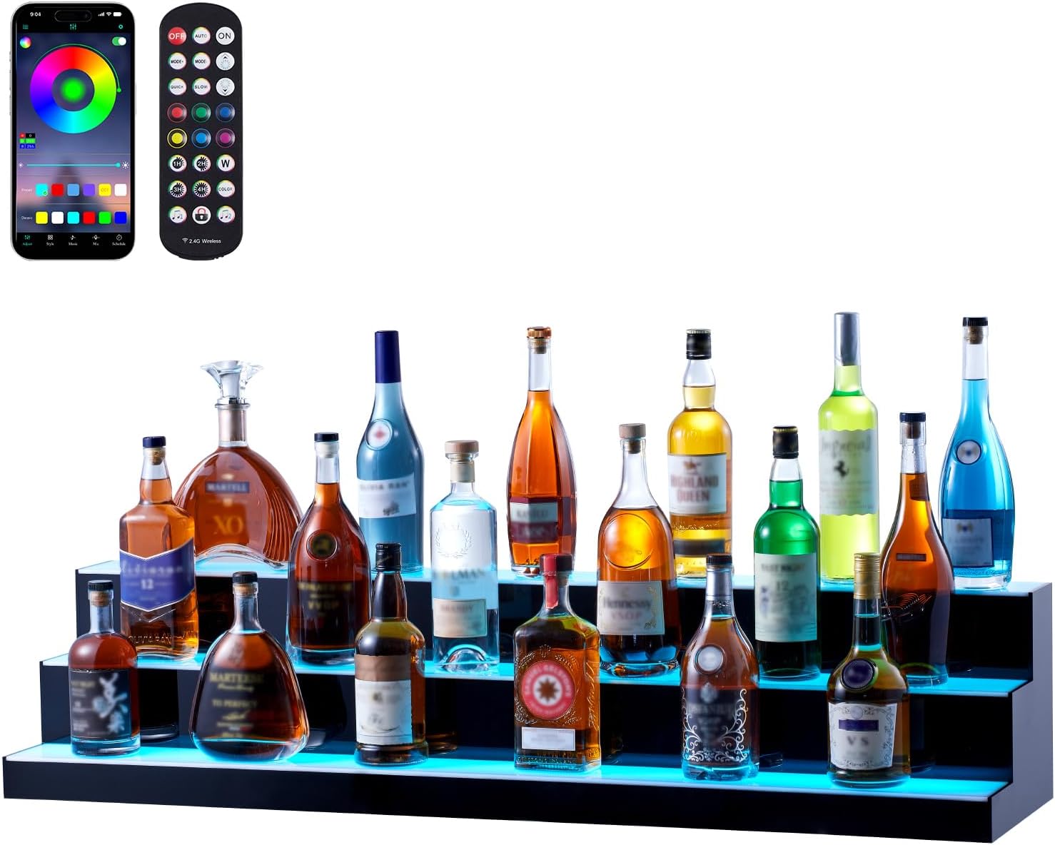 VEVOR LED Lighted Liquor Bottle Display, 3 Tiers 48 Inch Commercial Illuminated Home Bar Shelf, 3 Steps Whiskey Rack Stand, Acrylic Drink Shelves with RF Remote & App Control, and Multicolor Light