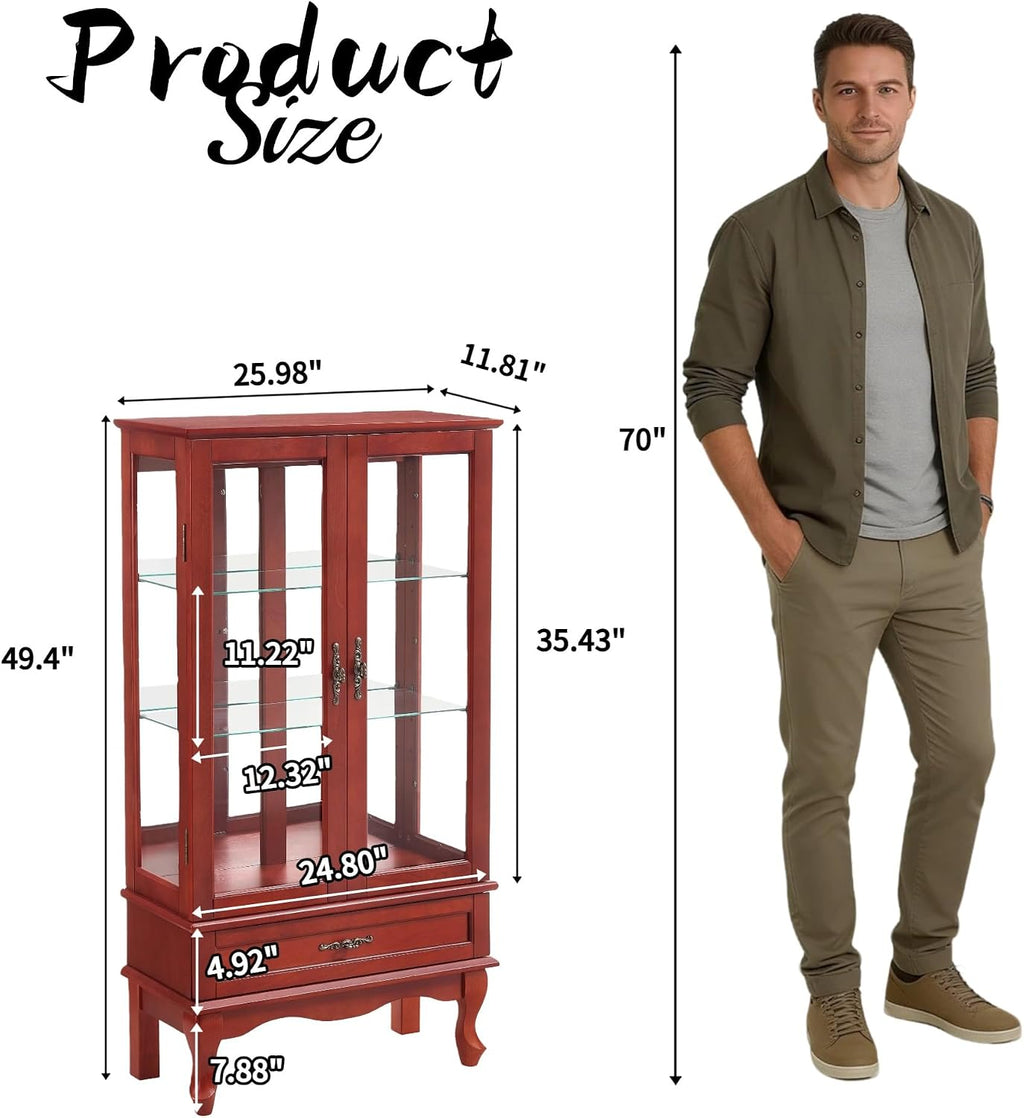 49' H Lighted Curio Display Cabinet with 2 Glass Doors & 1 Drawer, Wooden Curio Showcase w/Adjustable Shelves & Mirrored Back Panel, Wine Storage Cabinet Display Case for Living Room (Cherry)