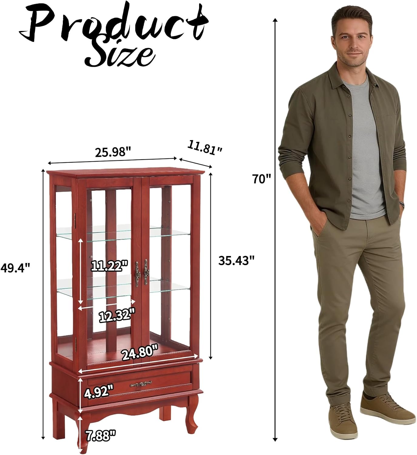 49' H Lighted Curio Display Cabinet with 2 Glass Doors & 1 Drawer, Wooden Curio Showcase w/Adjustable Shelves & Mirrored Back Panel, Wine Storage Cabinet Display Case for Living Room (Cherry)