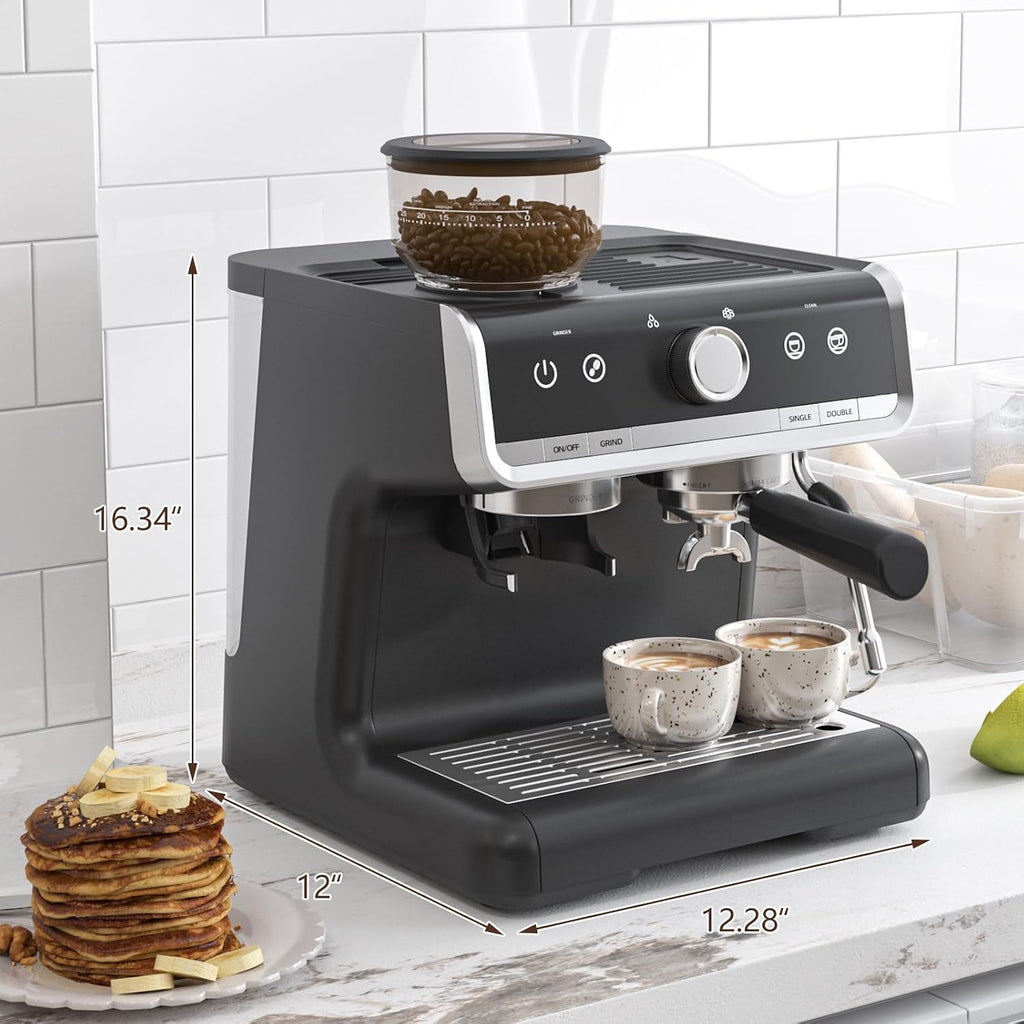 Semi-Automatic Espresso Machine, 20 Bar Professional Coffee Maker with Grinder, 1450W Fast Heating, 30 Grind Settings, Milk Frother Steam Wand, 2.8L Water Tank, Home & Kitchen Espresso Machines, Silve