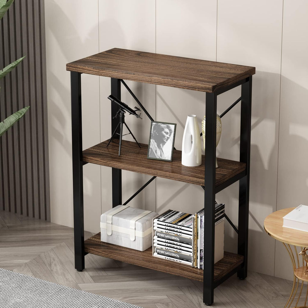 AY-AOYUAN 3 Tier Industrial Solid Wood Bookcases, Open Etagere Bookshelf with Metal Frame, Rustic Wood and Metal Shelving Storage Organizer for Living Room Book Shelves Furniture (AY01-3tier)