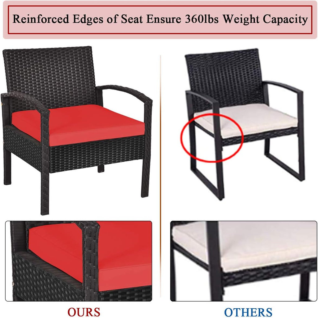 COSTWAY Rattan Patio Furniture Set 3 Pieces, Wicker Conversation Set with Tempered Glass Coffee Table, Seat Cushions, Outdoor Chair Wicker Sofa for Backyard Balcony Porch Poolside, Red