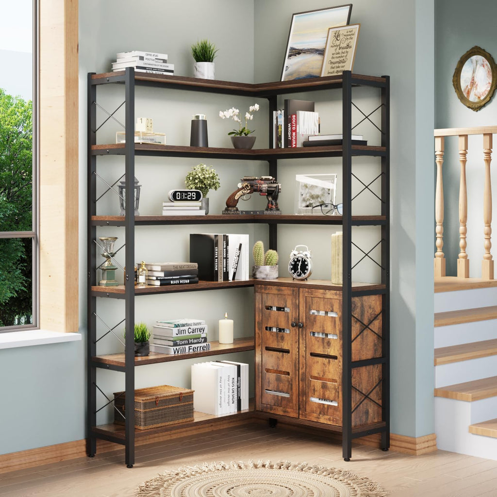 Wildhome 6-Shelf Corner Bookshelf, Vintage Industrial Corner Shelf Etagere Bookcase, Large Book Shelf with Metal Frame Open Storage Corner Cabinet (Brown-Lockers)