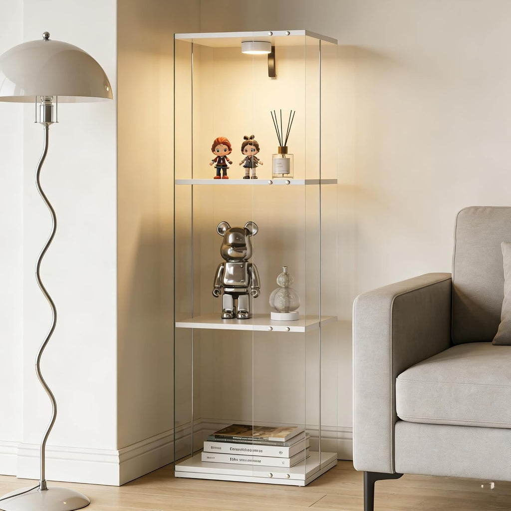 3-Tier Rotating Tempered Glass Display Cabinet, Floor Standing Curio Case with LED Touch Lights, Adjustable Feet for Living Room Corridor, Holds Collectibles Figurines Wine Trophy Jewelry,White