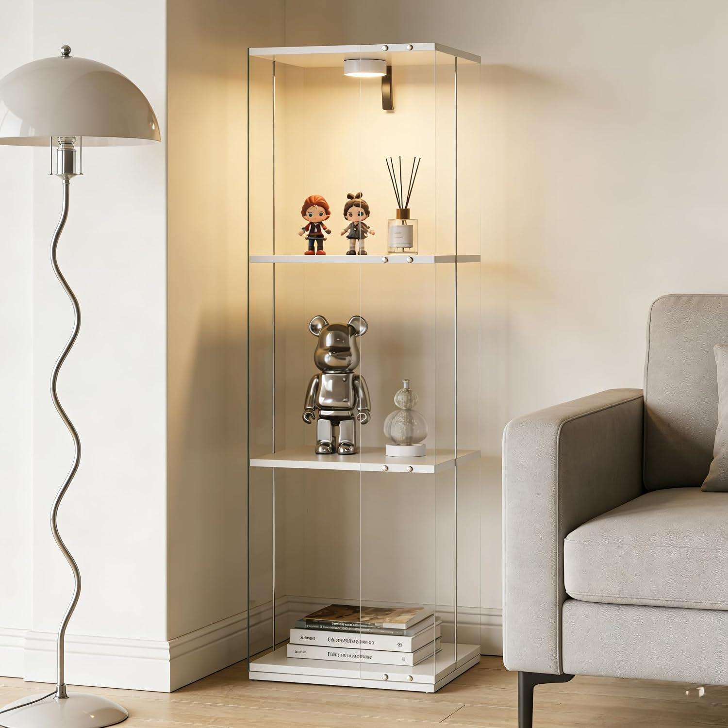 3-Tier Rotating Tempered Glass Display Cabinet, Floor Standing Curio Case with LED Touch Lights, Adjustable Feet for Living Room Corridor, Holds Collectibles Figurines Wine Trophy Jewelry,White
