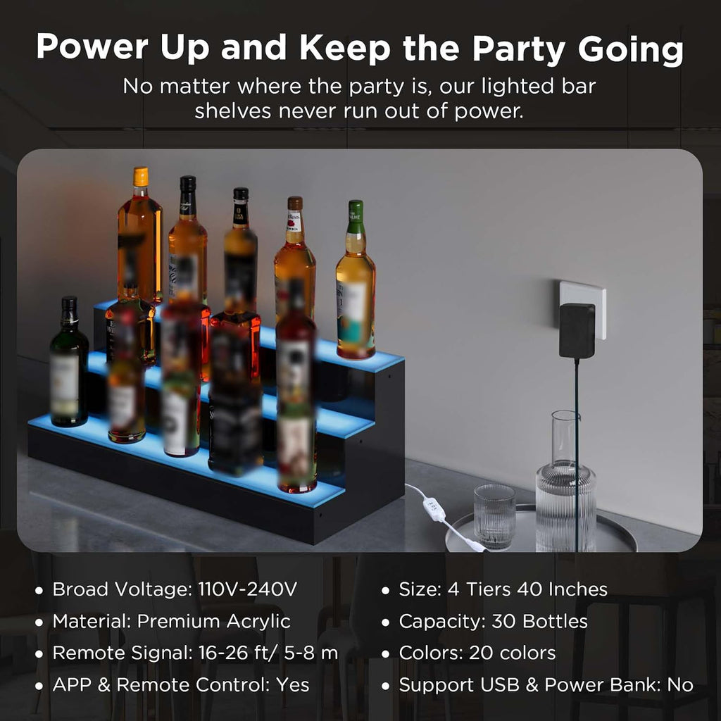 Dethan 4 Tier 40 Inch Liquor Bottle Display Shelf - Wine Racks with Multi-Color App & Remote Control, Adjustable Brightness & Sound Modes, Acrylic Bar Shelves for Commercial Clubs
