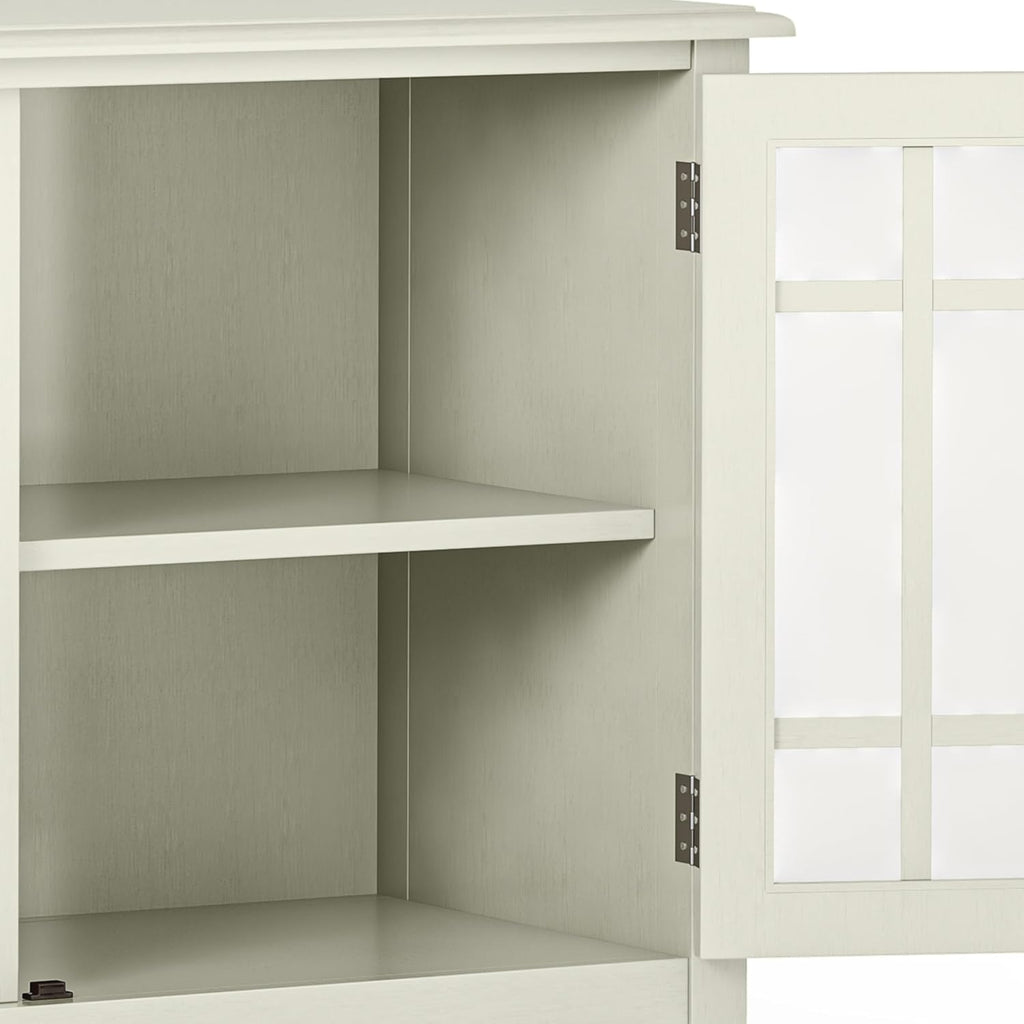 SIMPLIHOME Connaught Storage Cabinet - 46 inch Wide Solid Wood Low Storage Cabinet in Antique White, Traditional Console for Living Room, Entryway, or Dining Room with Glass Doors and Shelves